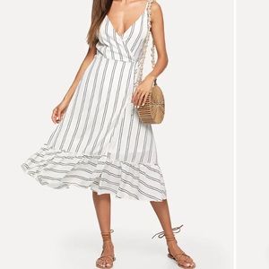 ‫Wrap Front Ruffle Hem Striped Cami Dress